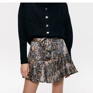 Zara Snake Print Paper Bag Skort Size S Animal Print Ruffle Hem Self-Tie Belt